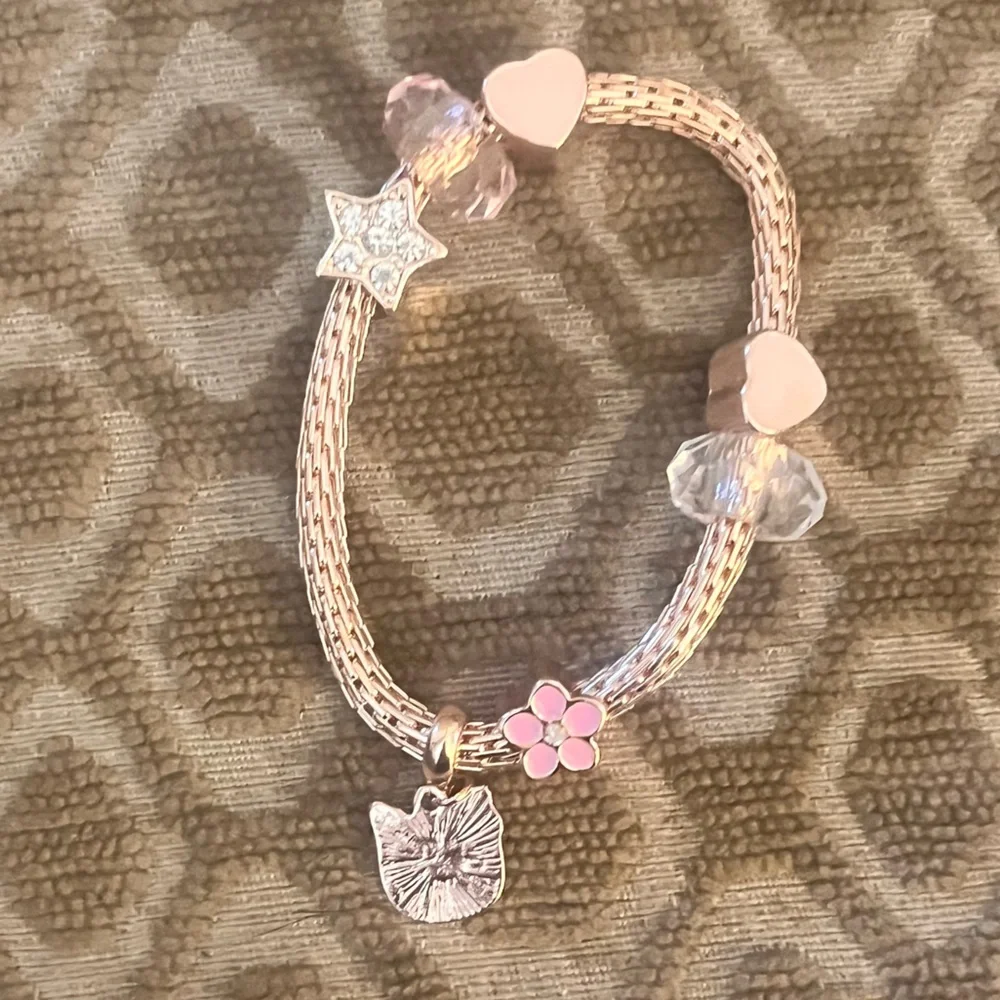(kids) 🎉Rose Gold Cat Heart Star Crystal Charm Bracelet & Cat Ring